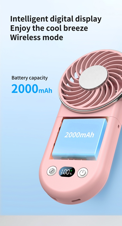Long-lasting battery life for enduring coolness: 2000mAh battery for extended cool experience.
Portable design, travel-friendly: Compact and lightweight, perfect for summer travels.
Neck-worn fan: Hands-free, wear around your neck for on-the-go refreshment.
Three-speed control for multiple cooling experiences: Switch between soft and strong breezes.
Handheld design for unrestricted use: Enjoy cool air anytime, anywhere.
Intelligent digital display for easy operation: Shows battery and wind speed at a glance.
Multi-functional: Cold compress refrigeration, wrist fan, mobile phone stand, power bank, handheld, and desktop fan.
Low-noise operation for a peaceful environment: Quiet enough for work and relaxation., Portable Handheld Refrigerating Fan - White