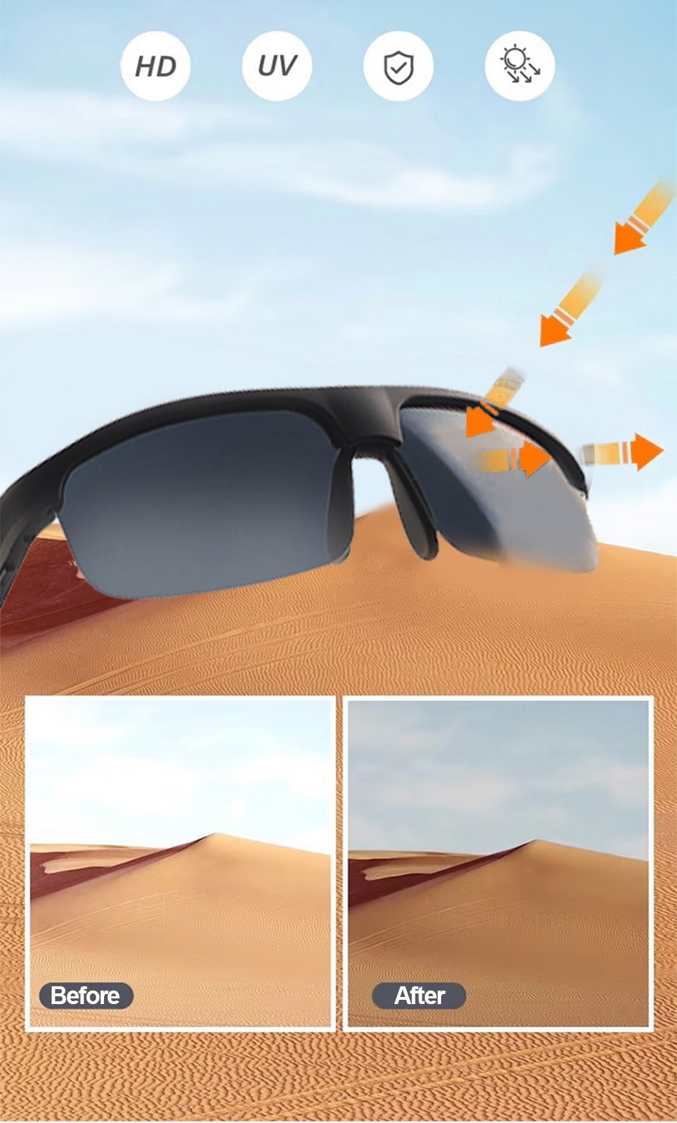 One-key start-up for easy operation suitable for all users.
Built-in Bluetooth 5.3 chip for stable connection and high-quality calls.
Directional transmission technology reduces environmental noise for clear calls.
Voice assistant feature for easy control of your devices.
UV protection HD lenses to protect your eyes from sunlight.
Durable design, not easy to break, suitable for various outdoor activities.
Comfortable for long-time wearing without fatigue.
Three-dimensional surround sound for an immersive music experience., Bluetooth Sunglasses with Built-in Mic & Speakers