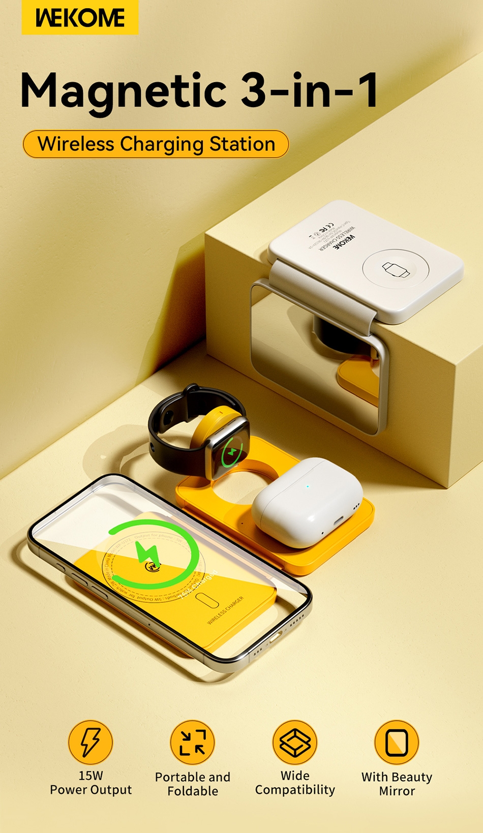 3 in 1 Portable Folding Wireless Charger - Yellow