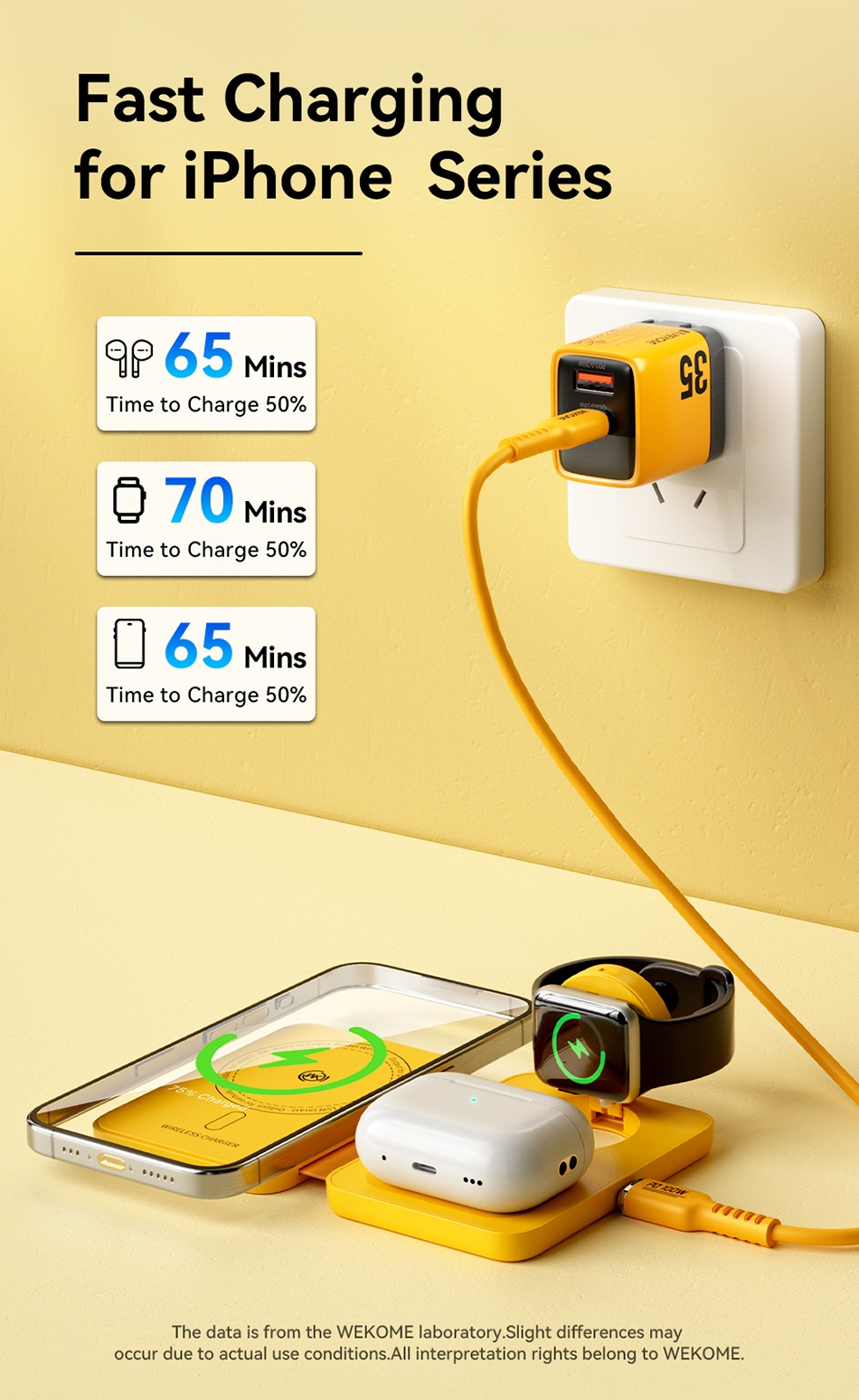 3 in 1 Portable Folding Wireless Charger - Yellow