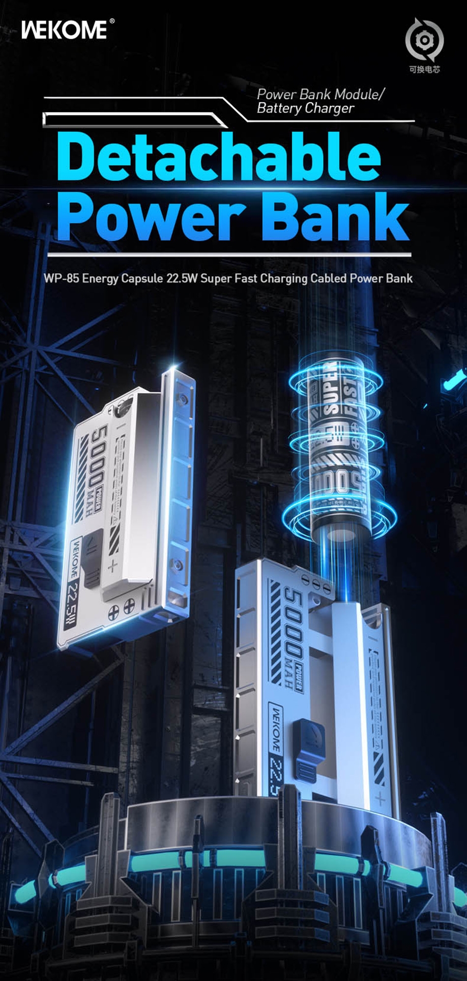 Energy Capsule 22.5W Super Fast Charging Cabled Power Bank 5000mAh - Black